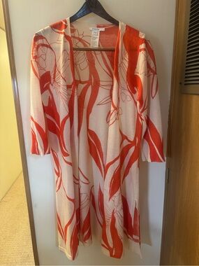 Chico's Open-Front Floral Knit Cardigan in Cream and Orange-Red